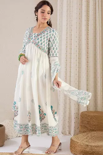 Women Floral Printed Empire Pure Cotton Kurta with Palazzos & With Dupatta
