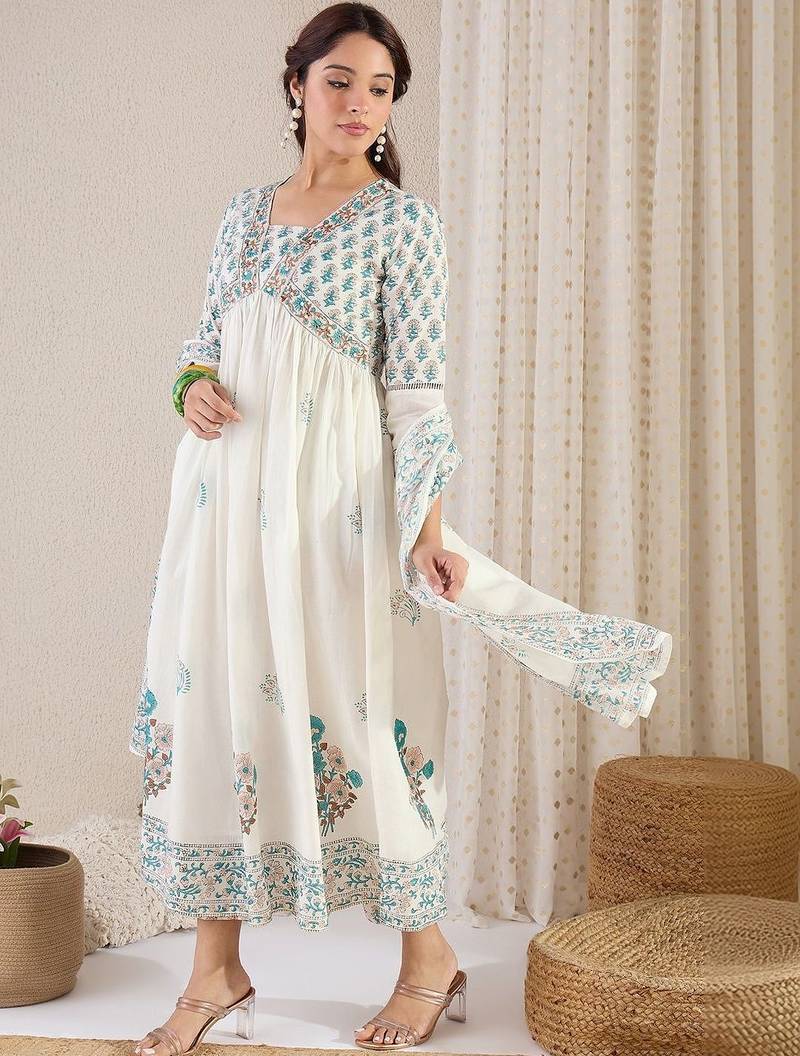 Women Floral Printed Empire Pure Cotton Kurta with Palazzos & With Dupatta