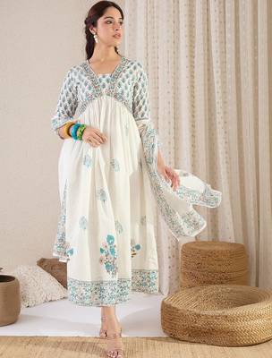 Women Floral Printed Empire Pure Cotton Kurta with Palazzos & With Dupatta 6