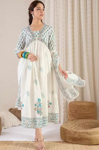 Women Floral Printed Empire Pure Cotton Kurta with Palazzos & With Dupatta