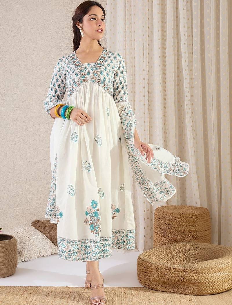Women Floral Printed Empire Pure Cotton Kurta with Palazzos & With Dupatta