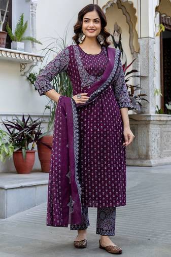 Women Ethnic Motifs Printed Regular Pure Cotton Kurta with Trousers & With Dupatta