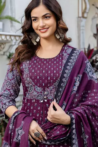 Women Ethnic Motifs Printed Regular Pure Cotton Kurta with Trousers & With Dupatta