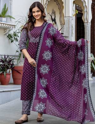 Women Ethnic Motifs Printed Regular Pure Cotton Kurta with Trousers & With Dupatta 5