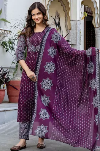 Women Ethnic Motifs Printed Regular Pure Cotton Kurta with Trousers & With Dupatta