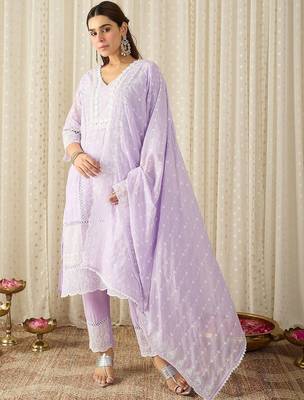 Women Ethnic Motifs Embroidered Regular Thread Work Pure Cotton Kurta with Trousers & With Dupatta 1