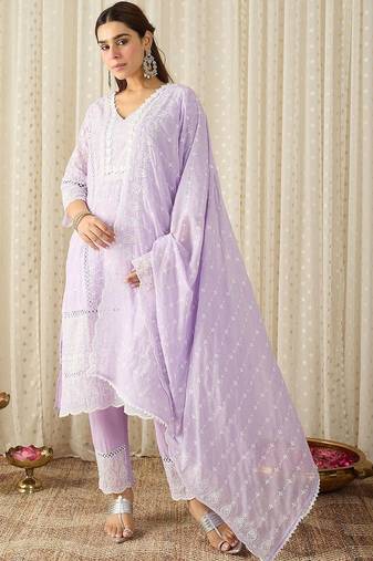 Women Ethnic Motifs Embroidered Regular Thread Work Pure Cotton Kurta with Trousers & With Dupatta