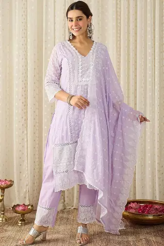 Women Ethnic Motifs Embroidered Regular Thread Work Pure Cotton Kurta with Trousers & With Dupatta