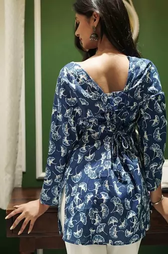 AZURE BLOOM HAND-PRINTED FLORAL SHORT COTTON KURTI WITH BELL SLEEVES