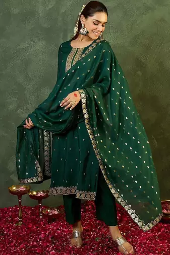 Women Ethnic Motifs Regular Kurta with Trousers & With Dupatta