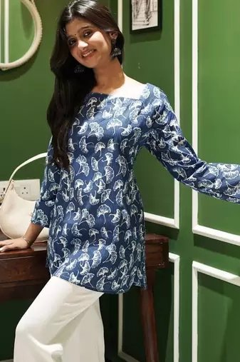 AZURE BLOOM HAND-PRINTED FLORAL SHORT COTTON KURTI WITH BELL SLEEVES