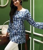 AZURE BLOOM HAND-PRINTED FLORAL SHORT COTTON KURTI WITH BELL SLEEVES