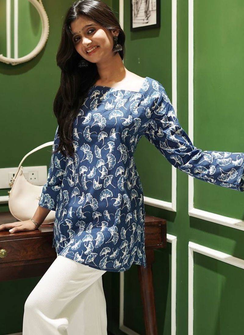 AZURE BLOOM HAND-PRINTED FLORAL SHORT COTTON KURTI WITH BELL SLEEVES