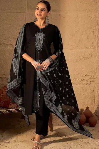 Women Ethnic Motifs Embroidered Regular Thread Work Pure Cotton Kurta with Trousers & With Dupatta