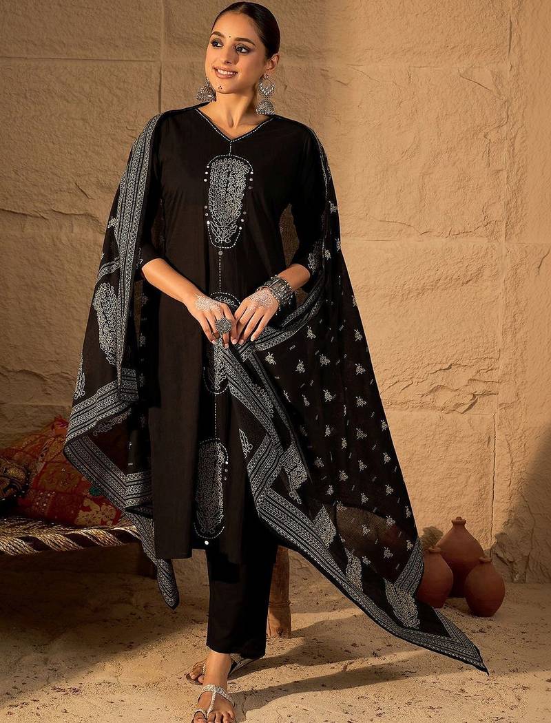 Women Ethnic Motifs Embroidered Regular Thread Work Pure Cotton Kurta with Trousers & With Dupatta