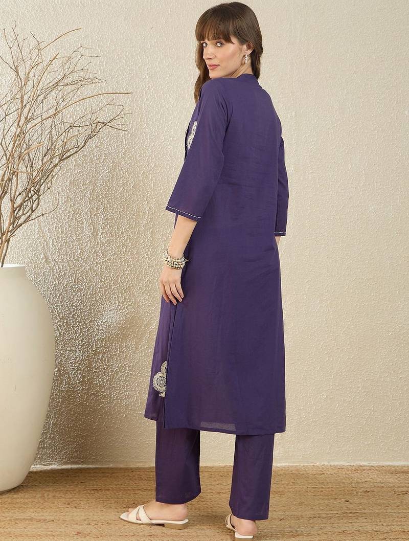 Women Ethnic Motifs Embroidered Panelled Thread Work Pure Cotton Kurta with Trousers