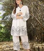 Women Floral Printed Pleated Thread Work Pure Cotton Kurta with Trousers