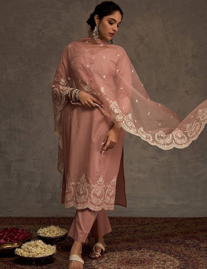 Women Ethnic Motifs Embroidered Regular Thread Work Pure Cotton Kurta with Trousers & With Dupatta