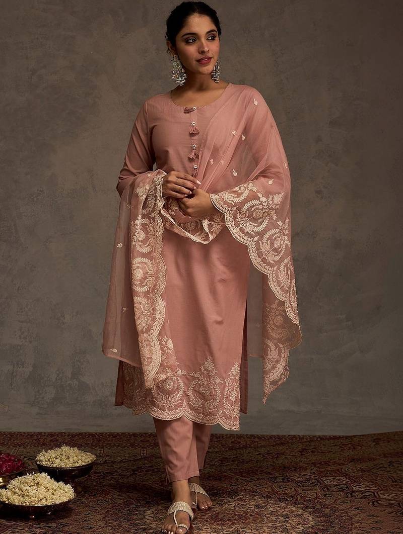 Women Ethnic Motifs Embroidered Regular Thread Work Pure Cotton Kurta with Trousers & With Dupatta