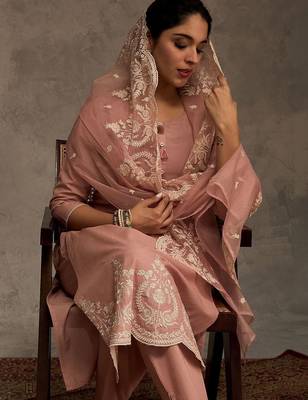 Women Ethnic Motifs Embroidered Regular Thread Work Pure Cotton Kurta with Trousers & With Dupatta 7