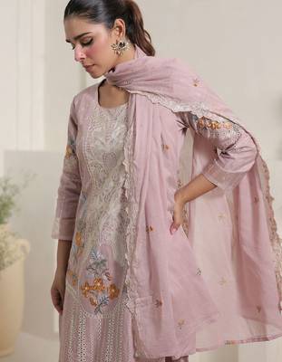 Women Floral Embroidered Regular Thread Work Pure Cotton Kurta with Trousers & With Dupatta 2