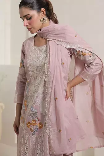 Women Floral Embroidered Regular Thread Work Pure Cotton Kurta with Trousers & With Dupatta