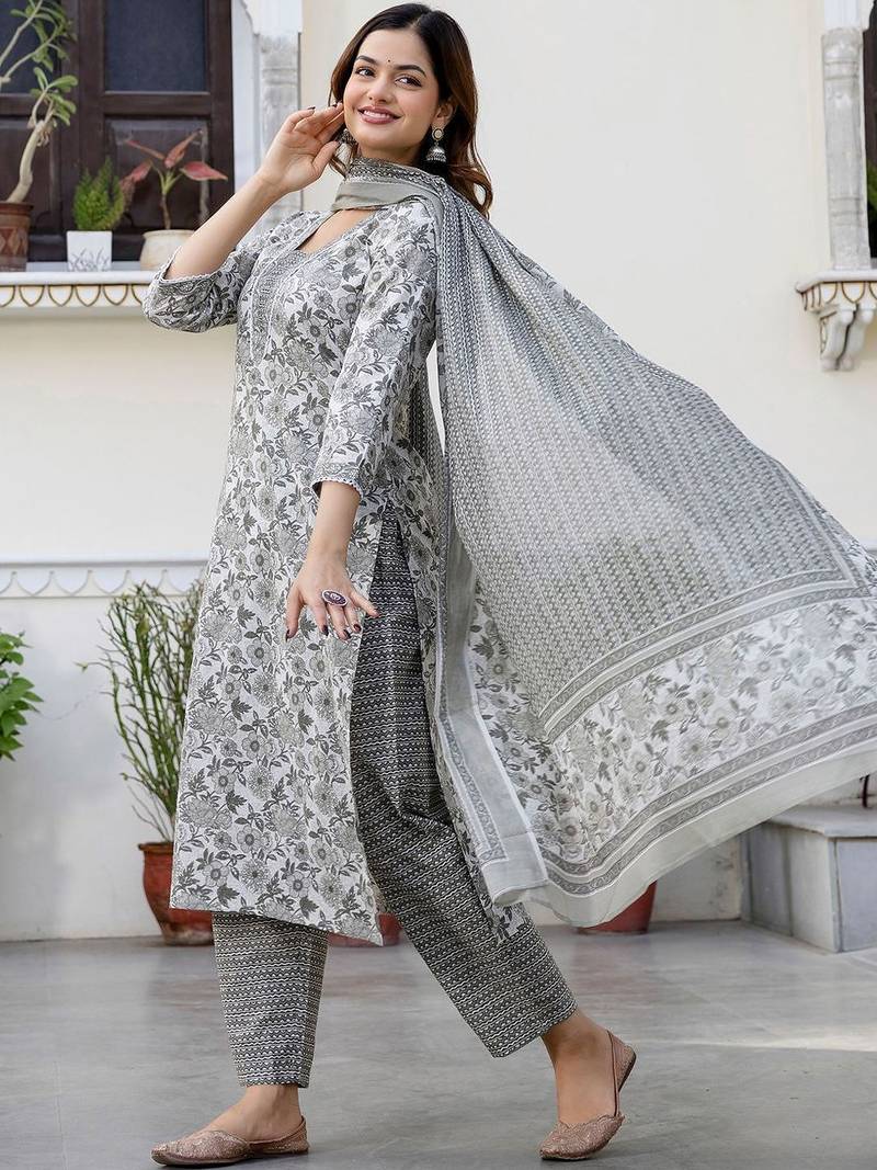 Floral Printed Square Neck Pure Cotton Straight Kurta With Trousers & Dupatta