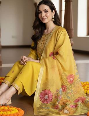 Floral Embroidered Thread Work Straight Kurta With Trousers & Dupatta 2