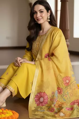 Floral Embroidered Thread Work Straight Kurta With Trousers & Dupatta