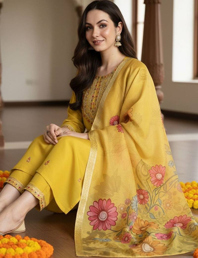 Floral Embroidered Thread Work Straight Kurta With Trousers & Dupatta