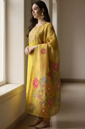 Floral Embroidered Thread Work Straight Kurta With Trousers & Dupatta