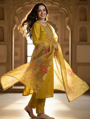 Floral Embroidered Thread Work Straight Kurta With Trousers & Dupatta 5