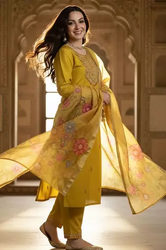 Floral Embroidered Thread Work Straight Kurta With Trousers & Dupatta