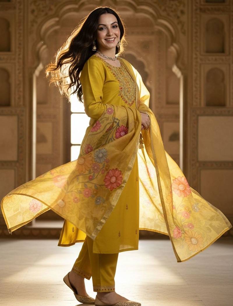 Floral Embroidered Thread Work Straight Kurta With Trousers & Dupatta