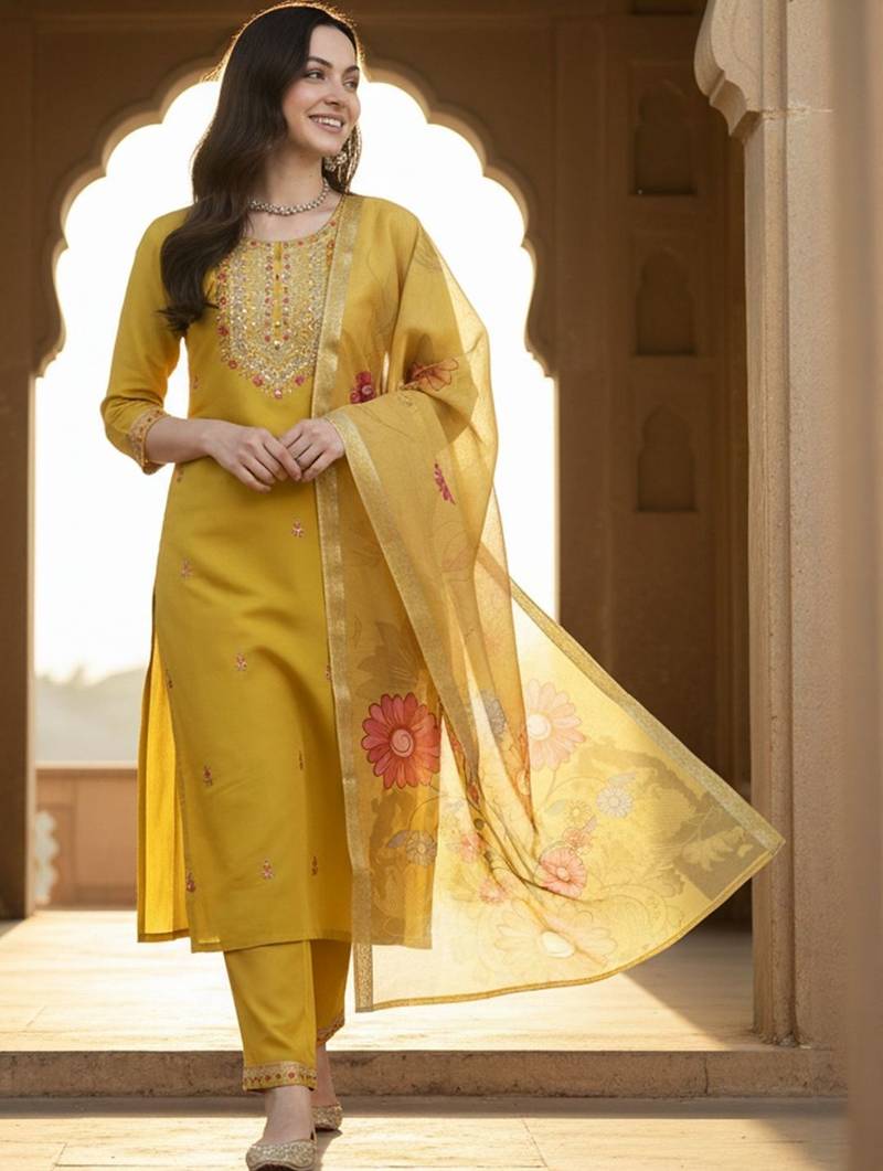 Floral Embroidered Thread Work Straight Kurta With Trousers & Dupatta