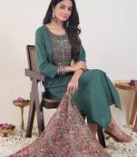 Ethnic Motifs Embroidered Thread Work Straight Kurta With Trouser & Dupatta