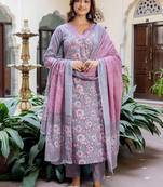Floral Printed Panelled V-Neck Pure Cotton Kurta With Trousers & Dupatta