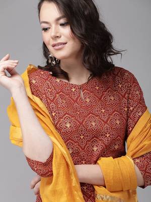 Red Foil Print Straight Cotton Kurta With Palazzo & Dupatta 2
