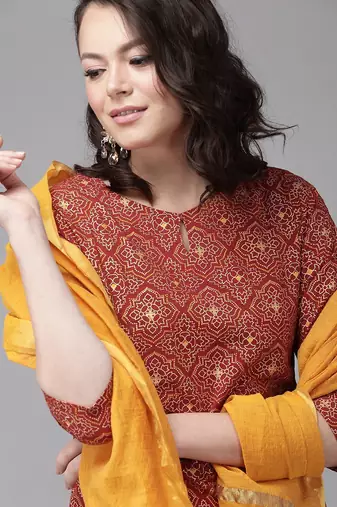 Red Foil Print Straight Cotton Kurta With Palazzo & Dupatta