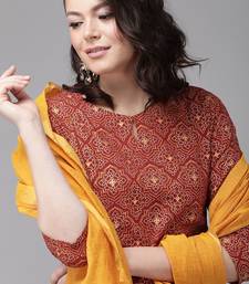 Red Foil Print Straight Cotton Kurta With Palazzo & Dupatta