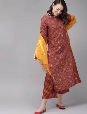 Red Foil Print Straight Cotton Kurta With Palazzo & Dupatta 3