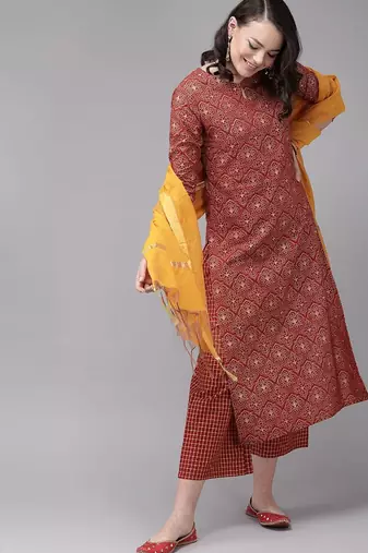 Red Foil Print Straight Cotton Kurta With Palazzo & Dupatta