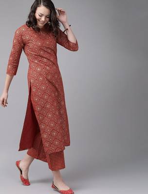 Red Foil Print Straight Cotton Kurta With Palazzo & Dupatta 4