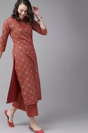 Red Foil Print Straight Cotton Kurta With Palazzo & Dupatta