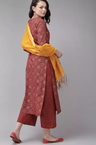 Red Foil Print Straight Cotton Kurta With Palazzo & Dupatta