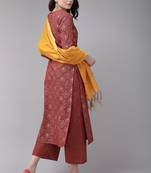 Red Foil Print Straight Cotton Kurta With Palazzo & Dupatta