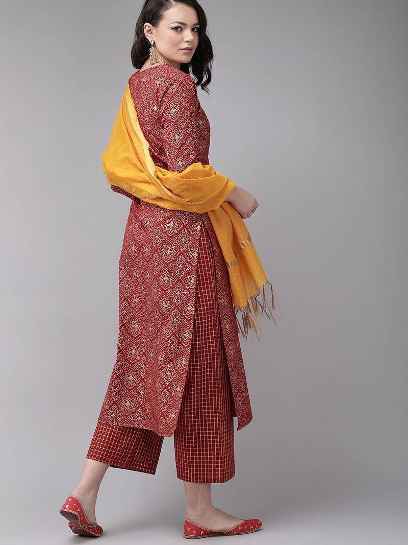 Red Foil Print Straight Cotton Kurta With Palazzo & Dupatta
