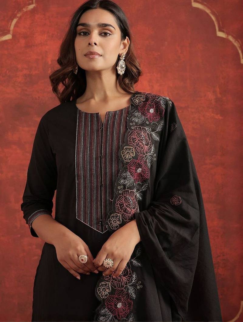 Women Floral Embroidered Cotton Kurta with Trousers & Dupatta