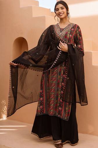 women ethnic motifs embroidered regular mirror work kurta with palazzos & dupatta