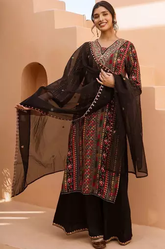 Women Ethnic Motifs Embroidered Regular Mirror Work Kurta with Palazzos & Dupatta